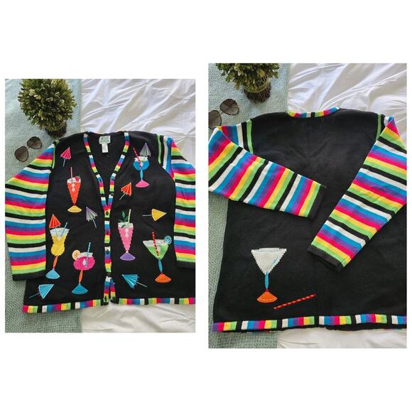 Vintage Quacker Factory Embroidered Cocktail drink martini Sweater Cardigan XL - Picture 1 of 5